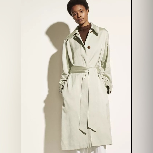 NWT $695 Vince Womens Coat S Small Celery Green Linen Blend Belted Coat - Picture 1 of 10